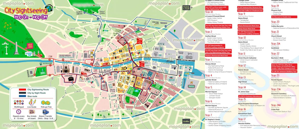 Dublinas-Hop on hop off autobusų maršruto žemėlapį